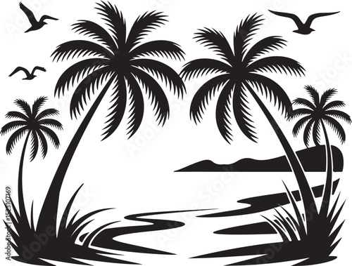 Tropical Island Sunset Silhouette with Palm Trees and Birds | island vector graphic design element