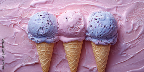 Three Ice Cream Cones with Flavored Scoops Melting on Pink Surface