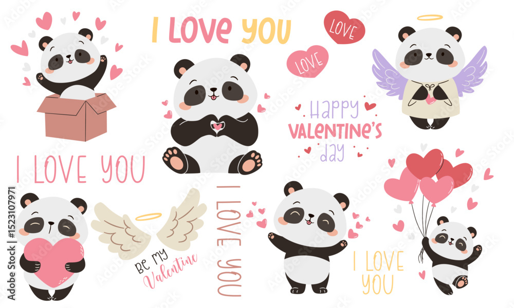Obraz premium A set of flat vector illustrations in a simple children's style. Cute illustrations for valentine's day. Cute pandas with hearts, flying on balloons and jumping out of a box, inscriptions i love you