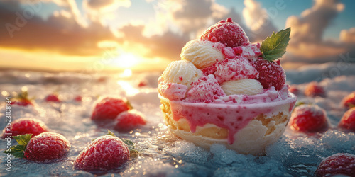 Ice cream scoop sundae with berries and dripping cream at sunset ocean setting
