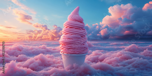 Towering Pink Soft Serve Ice Cream in a Paper Cup Atop Cotton Candy Clouds