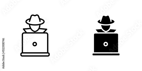 Hacker icon, Thief, Criminal, Robber, Scammer, Hacker icon logo isolated, Thief mask with eye slits, security and fraud symbol, Burglary thief icon. Cyber criminal with laptop stealing user data