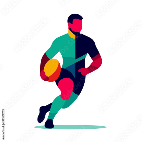 Dynamic rugby player running with a ball in a modern colorful design on transparent background representing speed, energy, and athleticism for sports branding and digital design