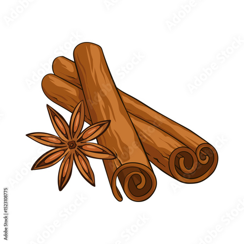 Cinnamon sticks and star anise. Aromatic spices used in cooking, baking, and herbal remedies. Vector illustration in hand-drawn style, isolated on white background