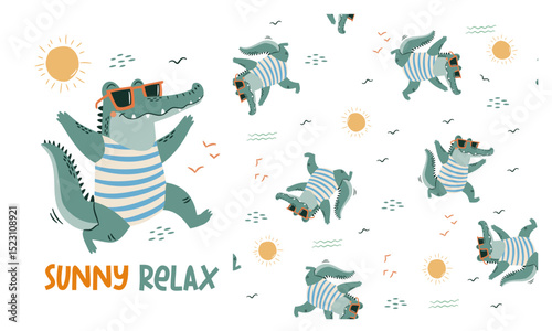 Set of vector prints for printing on children's products. Cute crocodile in swim trunks and sunglasses, caption. Seamless vector pattern. Vector illustration