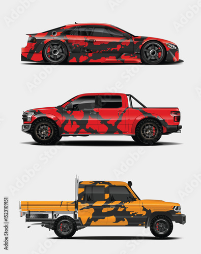 Three Camouflaged Vehicles Sports Car, Truck, and Ute