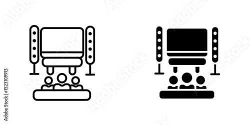 Home cinema icon, Young couple sitting on sofa and watching TV black line icon. Indoor view of living room with furniture. Home leisure. Vector isolated illustration. Editable stroke.