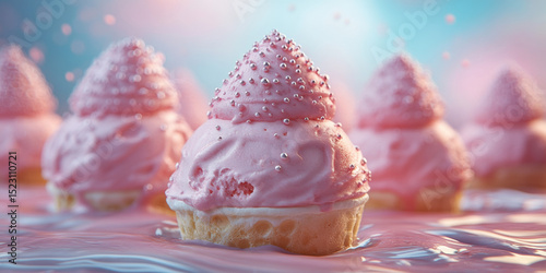 Pink frosted cupcakes decorated with silver spheres arranged on reflective surface