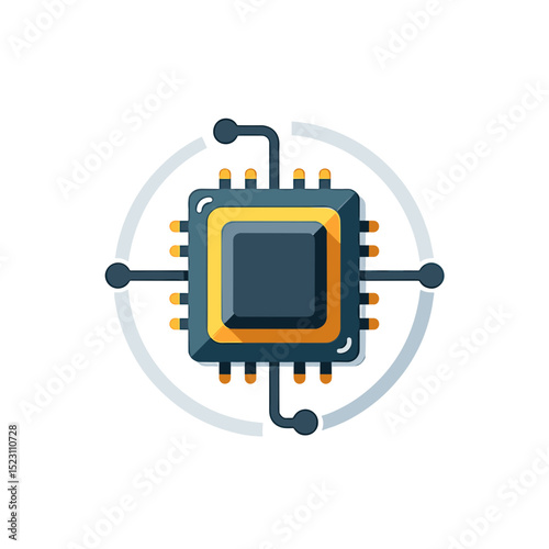 Illustration of a Central Processing Unit (CPU) Microchip with Circuitry and a Circular Design Element