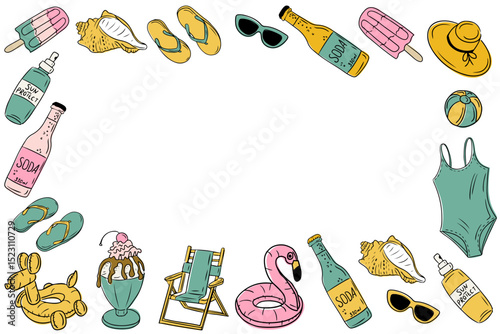 Vector summer banner with beach items forming a colorful frame on white background. Vacation and tropical leisure concept featuring seasonal objects in a playful hand drawn style