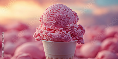 Strawberry ice cream scoop on cup with pastel blurred pink background