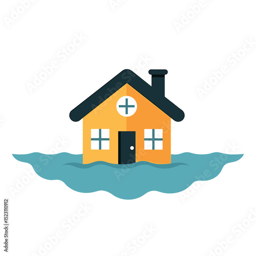 Cartoon House Flooded by Rising Water Levels Illustration Depicting Environmental Disaster