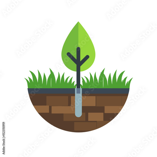 Flat Vector Illustration of a Sapling Growing in Soil with Visible Root System, Representing Environmental Awareness and Sustainability