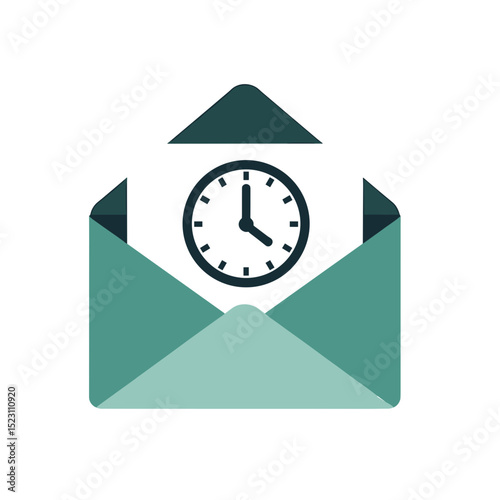 Email Reminder Illustration: Clock Icon Inside an Open Envelope, Depicting Time-Sensitive Communication