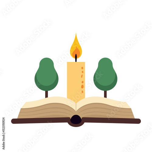 Open Book with Burning Candle and Trees Illustration, Representing Knowledge, Learning, and Enlightenment