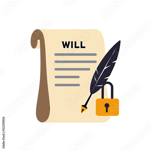 Vector Illustration of a Secure Will Document with Feather Quill and Padlock Representing Estate Planning