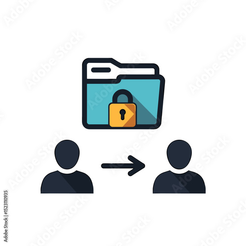 Secure Data Transfer: Two Silhouetted Figures Exchanging Information Protected by a Locked Folder Illustration