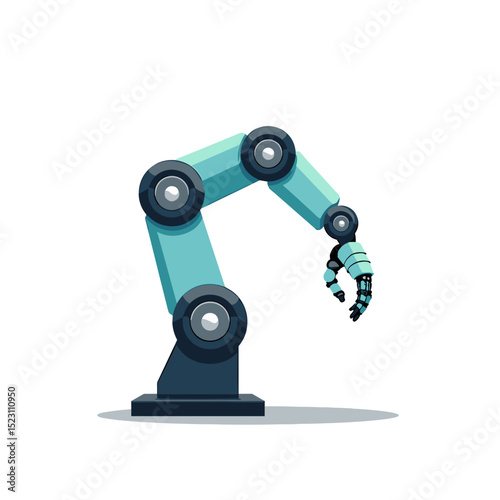 Illustration of a Light Blue Industrial Robot Arm with Articulated Joints and a Gripping Hand