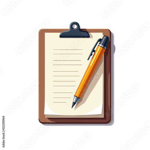 Clipboard with Blank Paper and Orange Pen, Business Note Taking Illustration, Task Management