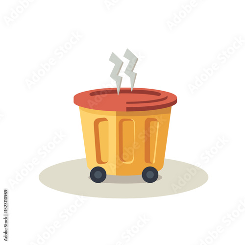 Cartoon Illustration of a Yellow Trash Can with Red Lid and Smoke Emanating, Depicting Waste Management