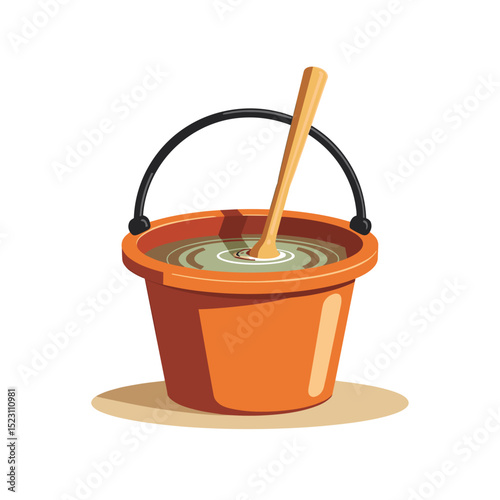 Orange Bucket with Liquid and Wooden Stick Illustration, Mixing Paint or Other Substance