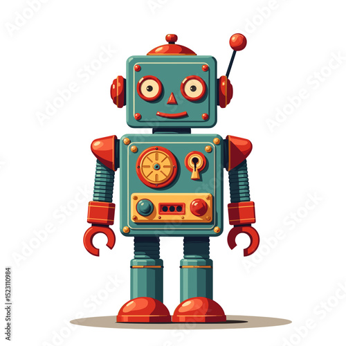 Cartoon Robot Illustration with Teal Body and Red Accents on a White Background, Vintage Style