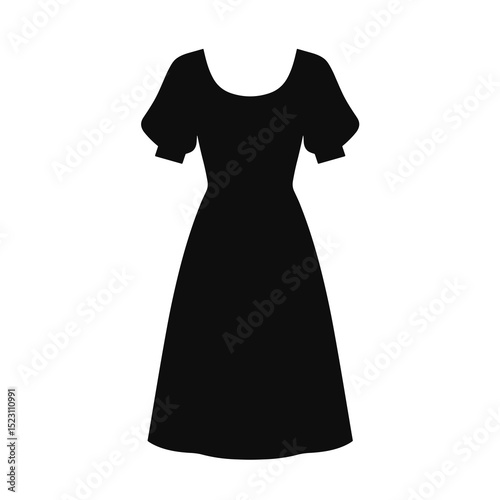 Elegant Black Dress Silhouette with Short Puff Sleeves and A-Line Skirt Fashion Illustration