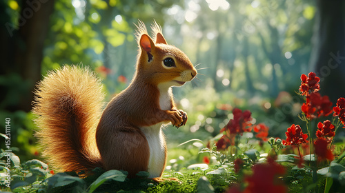 una pequeña ardilla parada sobre un jardin rodeado de flores animales en la naturaleza en un campo de fauna silvestre