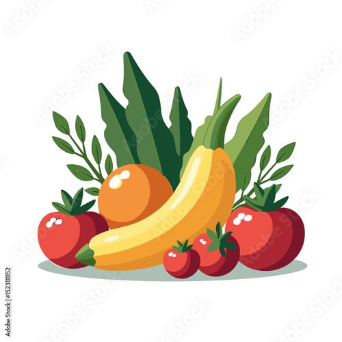 Colorful Still Life Vector Illustration of Fresh Vegetables and Fruits with Green Leaves