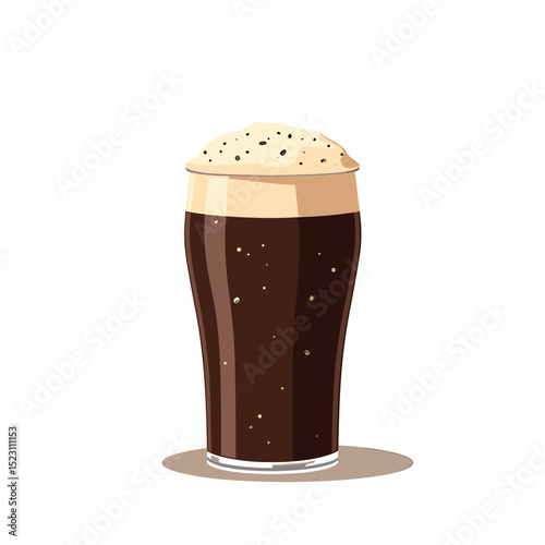 Illustration of a Pint of Dark Stout Beer with Creamy Foam Head on White Background