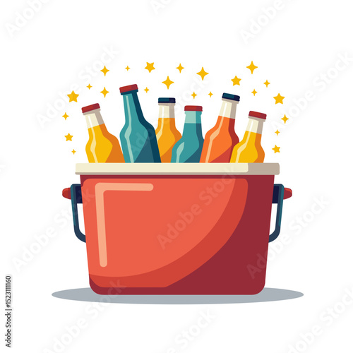 Colorful Bottles in a Red Cooler with Sparkling Stars, Refreshing Drinks Illustration