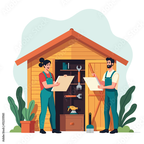 Cartoon Illustration of a Man and Woman Inspecting a Wooden Shed with Tools and Plants