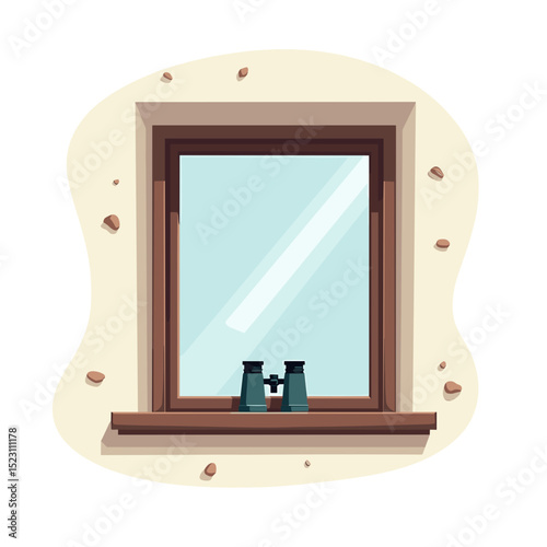 Illustration of a Window with Binoculars on the Sill, Suggesting Observation or Travel Planning