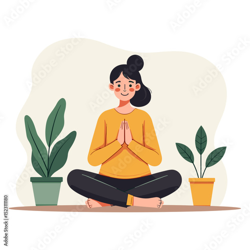 Woman Meditating in Lotus Position with Plants, Promoting Mindfulness and Well-being Illustration