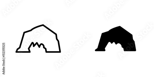 Cave icon, Cave set. Cavern tunnel in mountain icon. Prehistoric stone underground. Hole in rock. Geology black landscape. Entrance in cave