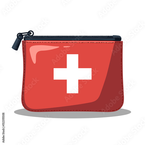 Red First Aid Kit Pouch with White Cross Symbol, Emergency Medical Supplies Illustration