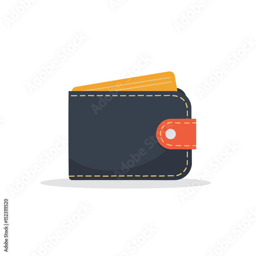 Flat Vector Illustration of a Black Wallet with Orange Details and Cards, Financial Concept