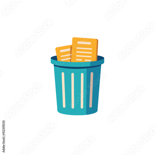 Illustration of a Blue Trash Can Filled with Discarded Documents, Representing Waste and Deletion