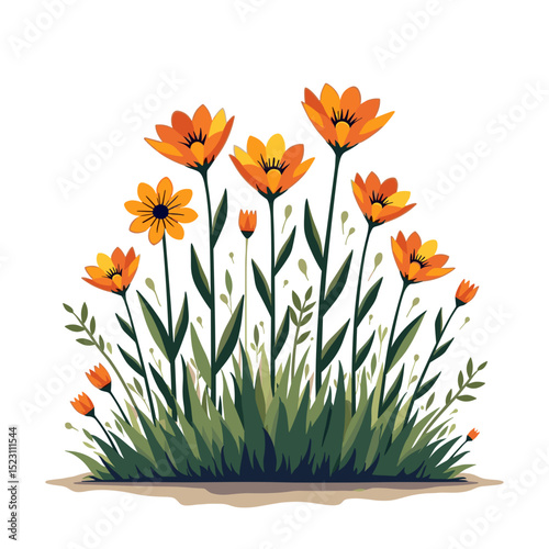 Vibrant Orange Flowers with Green Stems and Leaves in a Flat Design Illustration Style