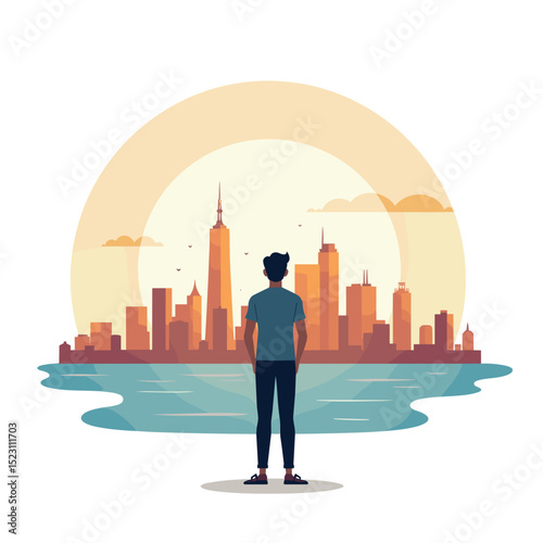 Man Gazing at Cityscape Silhouette with Water Reflection and Warm Sunset Hues Illustration