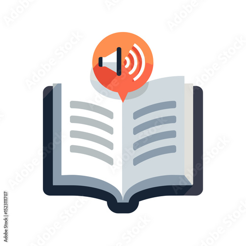 Audiobook Illustration: Open Book with Sound Speaker Icon for Audio Learning and Education
