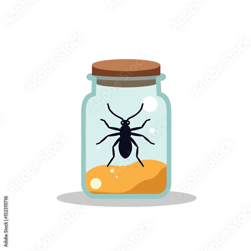 Cartoon Ant Specimen Preserved in a Glass Jar with Sand, Vector Illustration