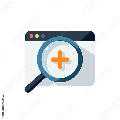 Zoom In Magnifying Glass Over Browser Window with Plus Sign Flat Vector Illustration