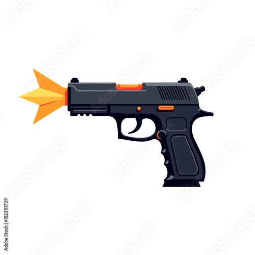 Black Pistol Gun Firing with Orange Flash Illustration, Depicting Weaponry and Violence