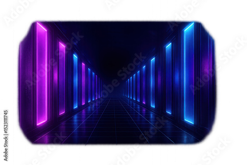 Long corridor lined with rows of servers isolated on transparent background.