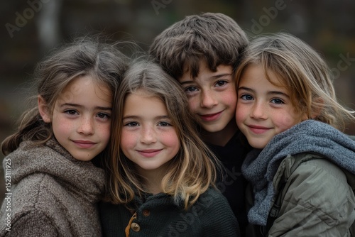 Five young friends standing closely together, smiling and enjoying each other's company in a cheerful outdoor setting