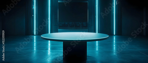 Abstract Neon Blue Interior With Round Table