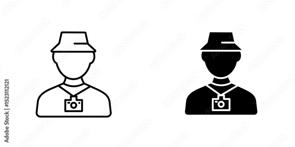 Tourist Guide icon, Tourist with a camera and map line icon. linear style sign for mobile concept and web design. Tourist person outline vector icon. Traveler symbol, logo illustration. Vector graphic