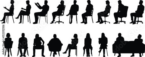 People sitting silhouette, office chair vector, discussion posture, meeting people seated, vector characters sitting poses, business conversation, vector illustration