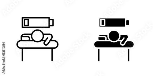tired person in the workplace, tiredness or burnout icon, low level energy in work battery, exhausted and sleepy man, thin line symbol - editable stroke vector illustration